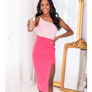 One shoulder color block midi dress!